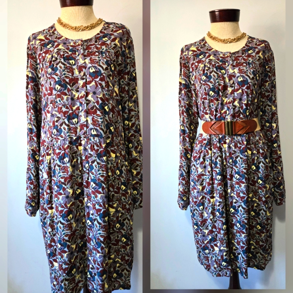 Indi & Cold Blue And Maroon Floral Print Long Sleeve Dress. Size Large